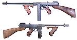 Photo shows the difference in appearance between a military M1928 Thompson SMG with a 10.5" barrel (plus Cutts Compensator) versus a modern Thompson semi-auto carbine with it's legally mandated 16" ba